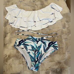 White and Blue Leaf Print Bikini Set